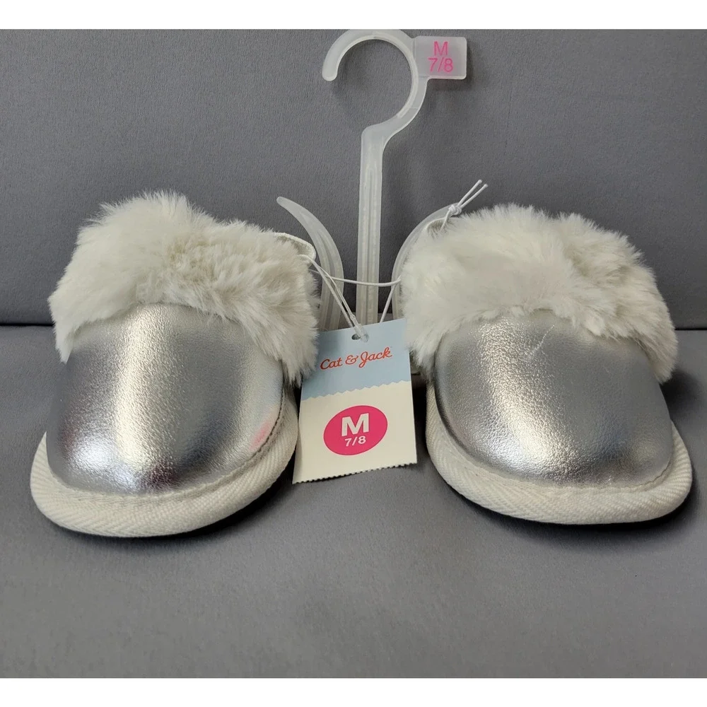 Cat & Jack Slippers Youth Girls M 7/8 Lila Scuff Puff Silver Fax Fur Soft New